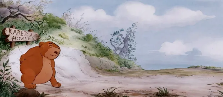 there is a cartoon bear that is standing in the dirt, studio ghibli environment, production animation cel, studio ghibli smooth ...