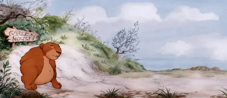 there is a cartoon bear that is standing in the dirt, studio ghibli environment, production animation cel, studio ghibli smooth ...