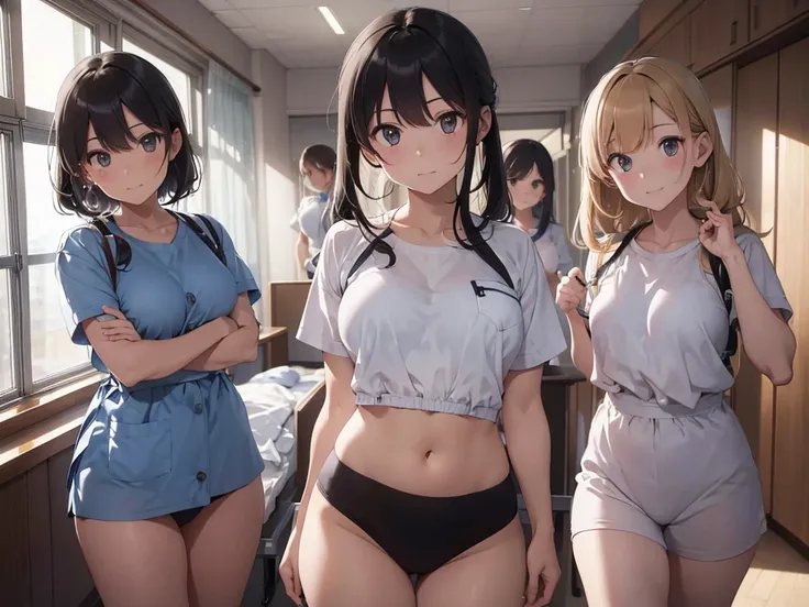 ((Highest quality)), ((masterpiece)), (detailed),Perfect Face,Strong light from the front,With front light,Group of nurses showing their underwear in a hospital,