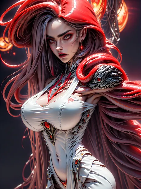 (beautiful girl:1.25), (megan fox:1.25), (young bodybuilder girl wearing cybernetic muscle suit:1.25), (medusa head with tentacles:1.25), carnage muscular physique, seductive face, mouth wide open carnage style, long red hair, perfect muscular body, super ...