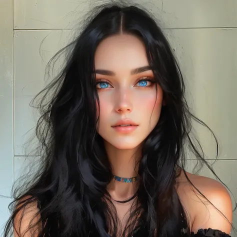 Arafa woman with long black hair and blue eyes posing for a photo, cerveja madison girl portrait, face perfect ), cerveja madison, Anna Nikonova aka Newmilky, wonderful dark hair, photo of a beautiful woman, soft devil queen cerveja madison, angelina strog...