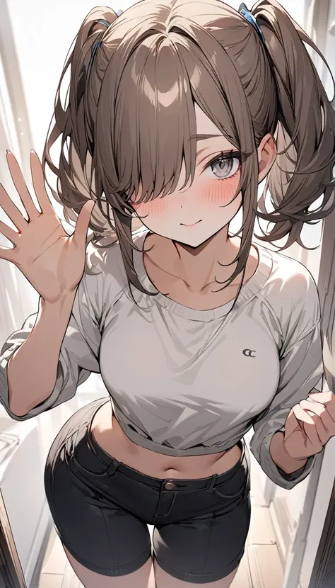 Highest quality　masterpiece　High resolution　masterpiece　Brown Bob　　Grey Eyes　High twin tails covering one eye　Waving at the camera　Casual clothing　bold