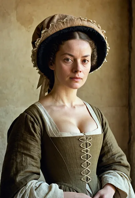 portrait of a ordinary woman in 17th century, everyday life, ordinary people, artistic pose, front-laced gowns, linen caps, minimal, movie still, earthy tones --ar 8:9 --c 8