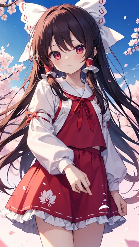 (Best image quality), Reimu Hakurei, Cherry Blossom, spring, sunset, hands back、ストリートキャップ、hoodie