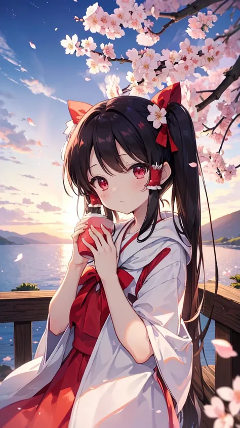 (Best image quality), Reimu Hakurei, Cherry Blossom, spring, sunset, hands back、ストリートキャップ、hoodie