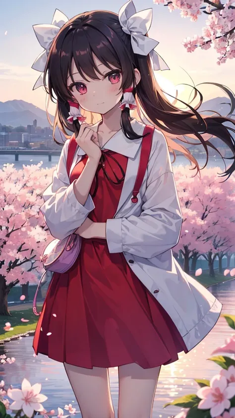 (Best image quality), Reimu Hakurei, Cherry Blossom, spring, sunset, hands back、ストリートキャップ、hoodie