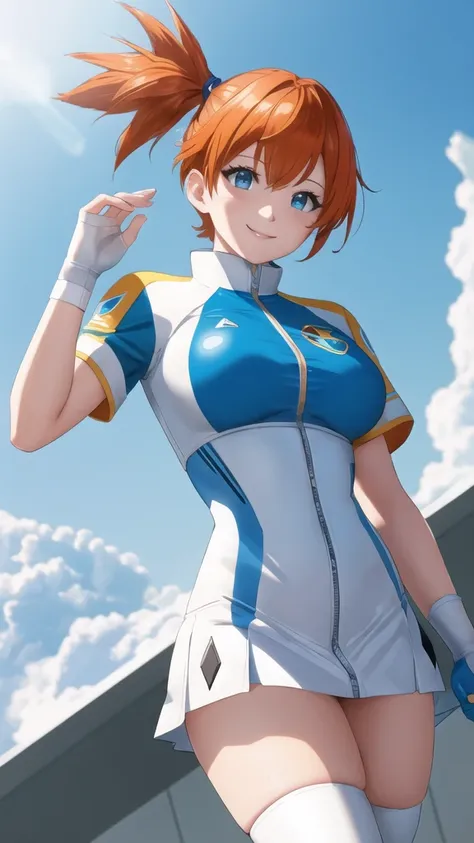 misty pokemon, short hair, orange hair, side ponytail, blue eyes, smile, break, rocket team uniform, (logo on shirt:1.25), white...