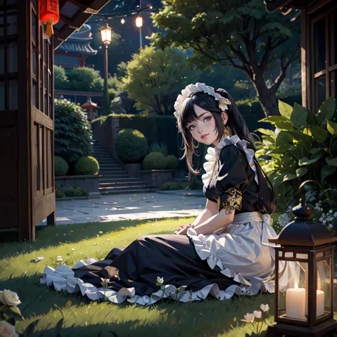 Mona_(genshin impact), 1girl, white roses, ornament hair, roses on her hair, maid, maid dress, maid headdress, maid apron, black hair, long hair, seat on a grass, garden scene, Chinese maid dress, gold lantern, navy dress, more details on her clothes, gold...