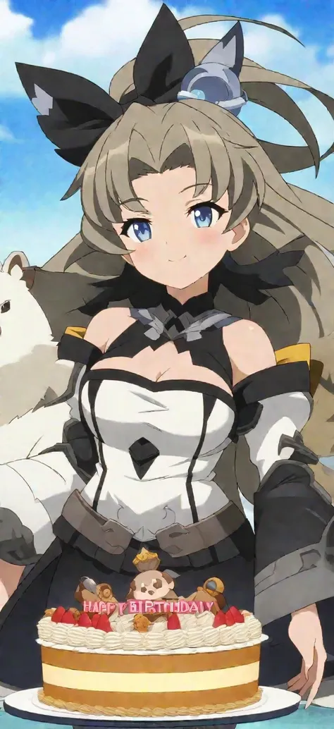 猫耳とリボンが付いたblackいドレスを着たアニメの女の子, black, Anime Moe Art Style, Azur Lane Style, Stylized anime, From Bravely Default II, From the Azur Lane video game, blackいドレスを着たアニメの女の子, 8k high quality detailed art, Detailed fan art、birthday cakeをもって笑う、birthday cake