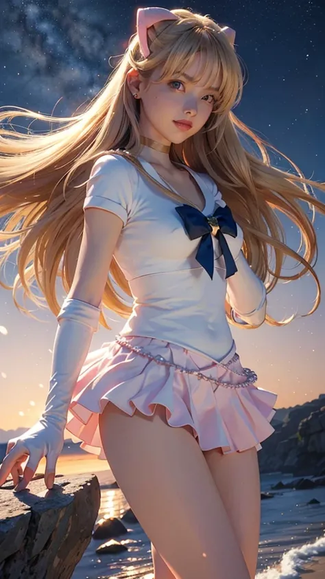 Tabletop, Highest quality, High resolution, sv1, Sailor Warrior Uniforms, White Skirt, Pink lace panties visible through a mini skirt、Bikini Panties、White shorts, Visible from under a white hort term、Elbow Gloves, Tierra, Faltenrock, Folding a mini skirt, ...