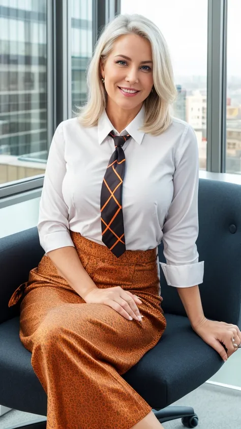 mature woman in, 55 years old, Alone, casual hair, lifting skirt for showing something,  Looking at the viewer, white hair, Brown eyes, Jewelry, Full body, (wearing tie tube, elegant patterned collared orange shirt), Distant photo, Realistic, A sexy one, b...