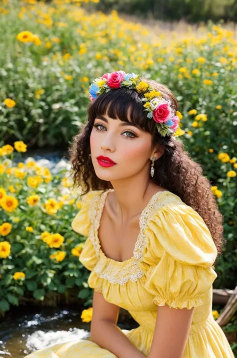 ( yellow dress with puff sleeves square neckline with lace details) (flower tiara for light brown curly hair) (big lips big blue eyes red lipstick) (basket of colorful flowers) (in the background sun appearing) (gypsy camp) (She is wearing a yellow dress w...