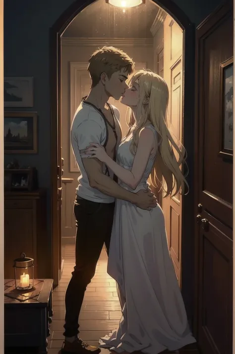 ((best quality)), ((masterpiece)), (detailed), one girl with long blond hair kiss one muscle blond guy, view from side on scene, passionate kiss, cozy atmosphere, cozy lighting, standing poses