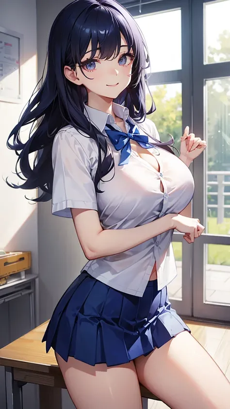 Korean school uniform, White and blue summer shirt, The abdomen is visible、Bow tie, Short skirt, School classroom, School stairs,  8K RAW Photos, high resolution, Cool 19 year old woman、Busty girl, Open shirt showing cleavage, Beautiful eye details, Long e...