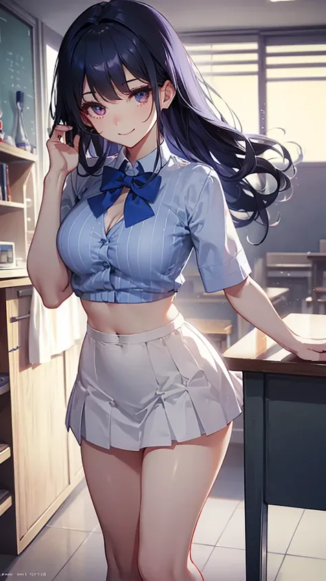 Korean school uniform, White and blue summer shirt, The abdomen is visible、Bow tie, Short skirt, School classroom, School stairs,  8K RAW Photos, high resolution, Cool 19 year old woman、Busty girl, Open shirt showing cleavage, Beautiful eye details, Long e...