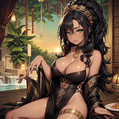 Sexy African-American woman with large breast, large cleavage, green eyes, dark brown skin, and curly bushy black hair wearing a revealing tribal robes