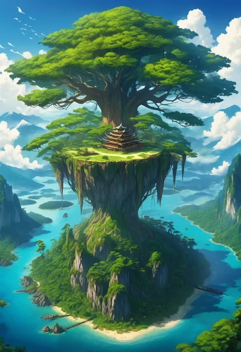 a giant island with very tall trees, but in the center of the island there is a tree, thick and the island has many mountains, and in one part of the island I want there to be a very large lake and around the island there is only the sea