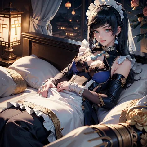 Mona_(genshin impact), 1girl, white roses, ornament hair, roses on her hair, maid, maid dress, maid headdress, maid apron, black hair, long hair, laying down on the bed, bedroom scene, Chinese maid dress, gold lantern, navy dress, more details on her cloth...