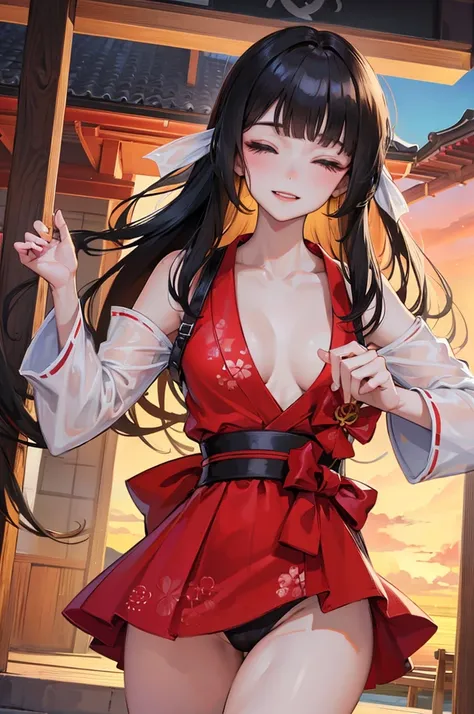 (pov kimono style swimsuit) (beautiful body), (solo:2, 15 yo, blunt bangs:1.3 black hair long hair sexy shrine girl, sexy closed eyes, happy smile), (in a japanese modern:1.3 shrine:1.2 beautiful one piece swimsuit, wabisabi:1.3, white and red), break, in ...