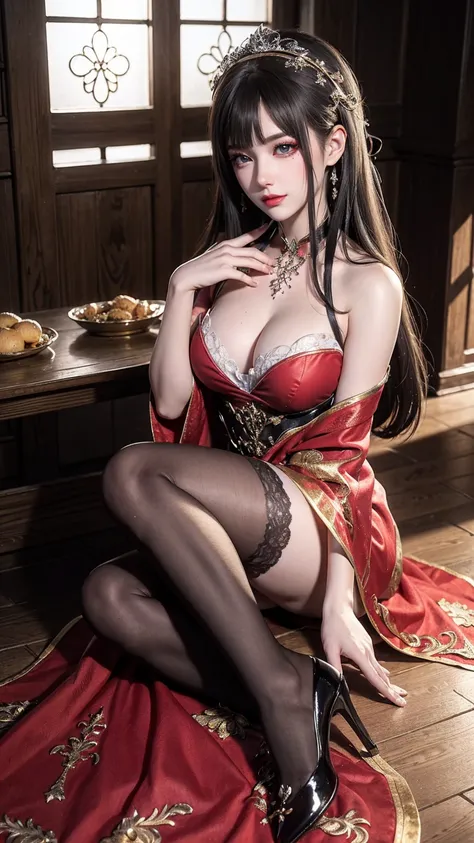 ((masterpiece, best quality)), Delicate face, Whole body love, Rich in details, Multiple poses and expressions, Very detailed, depth, Many parts，beautiful girl，Light，发Light，Red and Gold，Phoenix decoration，gauze，Lace，Lace连裤袜，High heel ((masterpiece, best qu...