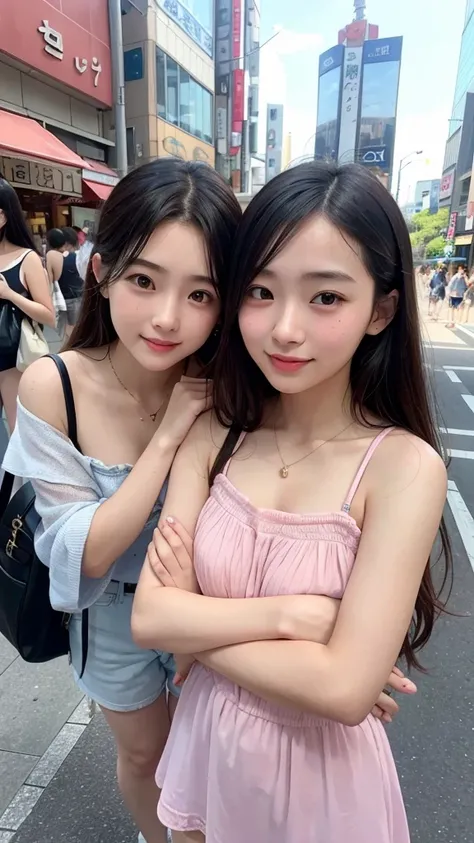 Highest quality、high resolution、Selfie、cheek-to-cheek、Two Girls、Japanese、20-year-old、Beauty、Beautiful face、Cute face、Well-formed face、Summer clothes、Tokyo cityscape