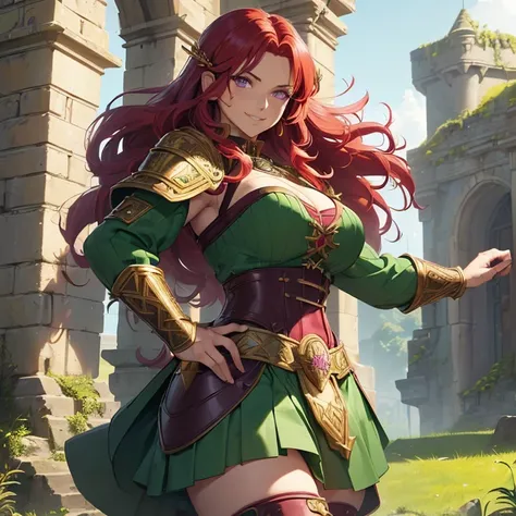 (absurdres, high fantasy artwork, best high quality image, carefuly detailed, very detailed features and textures, view solo character)
{{(1character: 60 years old scarlet-red haired barbarian woman milf, (long curly red hair, purple eyes, confident demean...