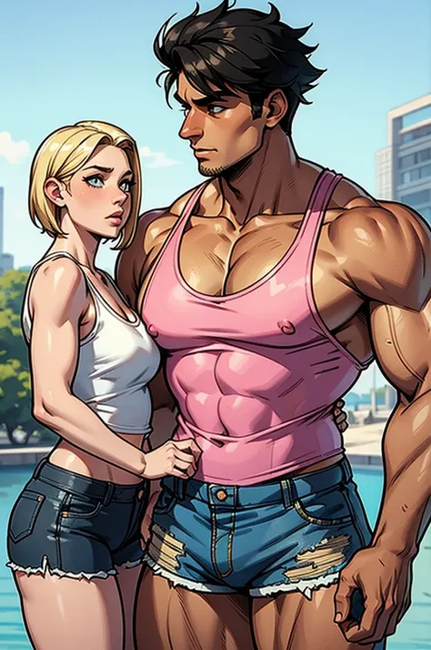 Young blonde and man with black hair and muscular, the girl wearing a pink tank top with a low neckline, defined breasts, wearing short denim shorts, the man wearing a white tank top, with a muscular body 