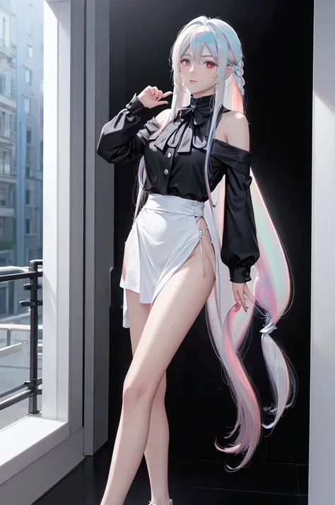  (masterpiece:1.3), (best quality:1.1), (8k, ultra detailed, ultra high res:1.2), ((anime style)), (perfect 5 fingers:1.1), perfect anatomy, 
1girl, 
BREAK long hair, 
(((((opalescent hair))))), white hair, 
red eyes, 
looking at viewer, standing, (((Gazin...