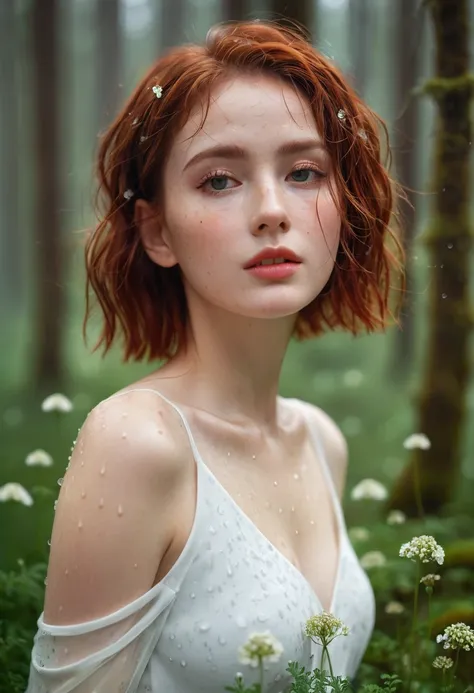 cute woman under drizzling rain, (elegant, beautiful face), transparent white dress, forest moss, (freckles:0.8), flowers feld, , curly red hair, magical atmosphere, (short hair), ((detailed skin, skin texture)), ultradetailed, (intricately detailed, fine ...