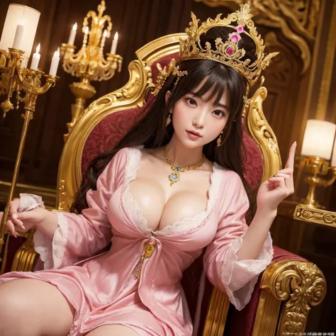 a confident japanese woman with exaggerated large breasts sitting on an ornate throne, Wearing a gorgeous shiny pink dress and a large crown, looking down at the viewer, detailed facial features,hyper-realistic,8K,ultra-detailed,photorealistic,masterpiece,...