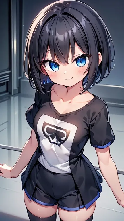 Highest quality,wonderful,finely,Highly detailed CG Unity 8k wallpaper, (1 Girl,Black Hair, blue eyes,short hair, Double Bang), (Small breasts:1.2), (Black T-shirt:1.1),  (clavicle:1.1), Shorts、Smiling Kindly、smile、(zettai ryouiki:1.2),(narrow:1.2), (Are s...