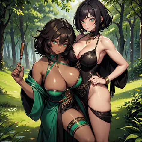 Sexy African-American woman with large breast, large cleavage, green eyes, dark brown skin, and curly bushy black hair wearing a revealing tribal robes. Forest background 