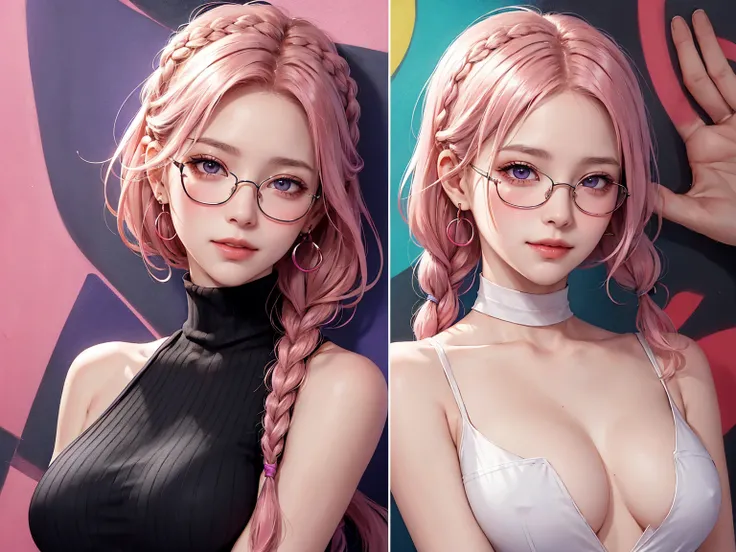 (Masterpiece, best quality, 1 girl, alone, complicated details, Chromatic aberration), realistic, ((Moderate breath)),long hair, pink hair, Red headpiece, Pink Highlights, hair on one eye,purple eyes, earring, sharp eyes, choker, Neon coat, She wears a col...