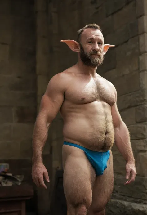 goblin,hairy, speedo, prominent belly, bulged and bloated belly, swollen belly, muscular, tall, pointed ears