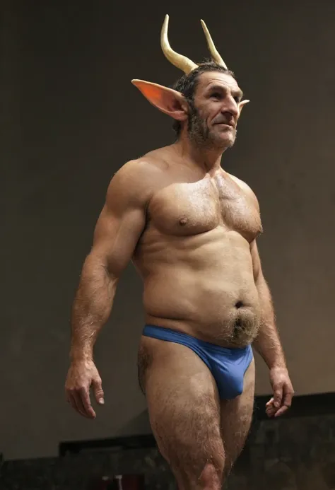 goblin,hairy, speedo, prominent belly, bulged and bloated belly, swollen belly, muscular, tall, pointed ears