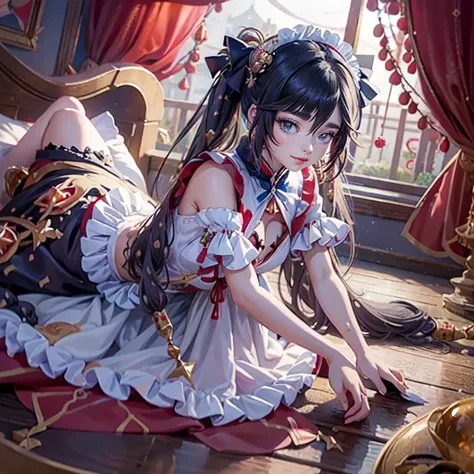 Mona_(genshin impact), 1girl, white roses, ornament hair, roses on her hair, maid, maid dress, maid headdress, maid apron, black hair, long hair, laying down on the bed, bedroom scene, Chinese maid dress, gold lantern, navy dress, solo, alone, more details...