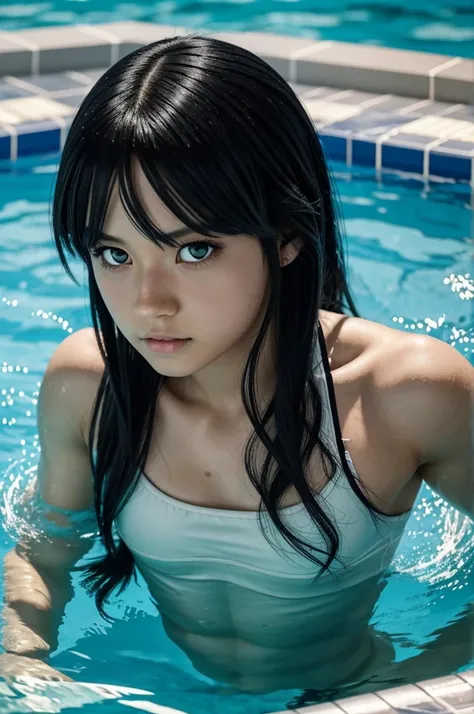 Screenshot of my hero academia Girl.
Long black hair with green rays, grey eyes, He has a serious expression and is in the pool 