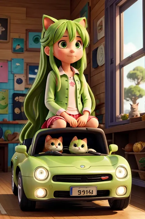 Girl long hair ride to avocado car with the cat 