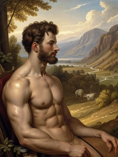 Side view, oil painting, style of Peter Paul Rubens, a humanoid male robot, mechanical parts, head, chest, abs, shirtless, flaccid , ((landscape background)), classic art, neoclassic, regency era, perfect composition, canvas texture