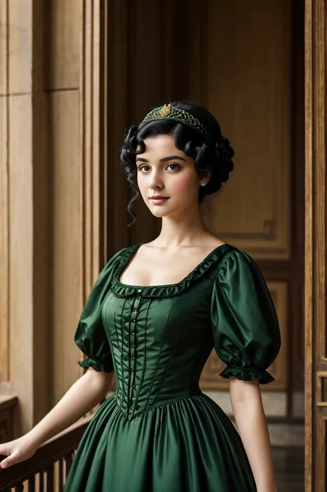 Black-haired girl in green Regency style dress 