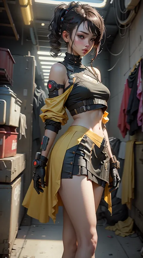 unreal engine:1.4,CG ultra realistic 64K, photorealistic:1.4, skin texture:1.4, Masterpiece:1.4,Beautiful woman with babydoll lingeries、Short yellow cyberpunk style clothing, pantimedias red , mini skirt blue,