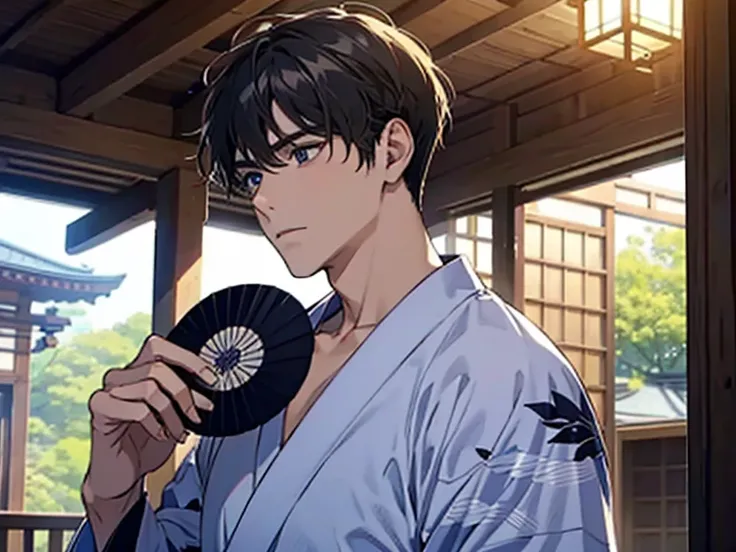 Beautiful man、Wearing a T-shirt、Have a fan、Wearing Yukata