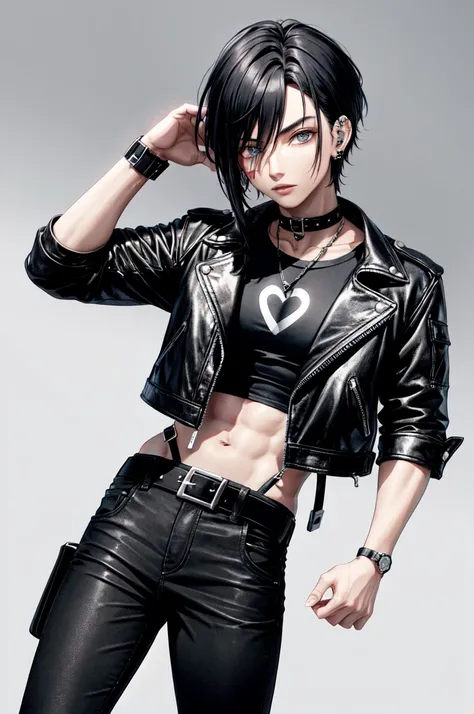 1 men, with scars on arms, alternative style, leather jacket, a rock band t-shirt, waist belt, black pants, piercings, all star, red guitar and shoulder-length black hair.