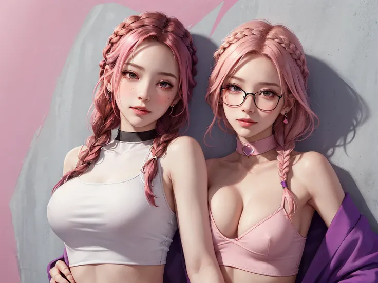 (Masterpiece, best quality, 1 girl, alone, complicated details, Chromatic aberration), realistic, ((Moderate breath)),long hair, pink hair, Red headpiece, Pink Highlights, hair on one eye,purple eyes, earring, sharp eyes, choker, Neon coat, She wears a col...