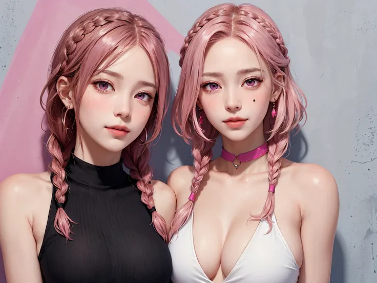 (Masterpiece, best quality, 1 girl, alone, complicated details, Chromatic aberration), realistic, ((Moderate breath)),long hair, pink hair, Red headpiece, Pink Highlights, hair on one eye,purple eyes, earring, sharp eyes, choker, Neon coat, She wears a col...