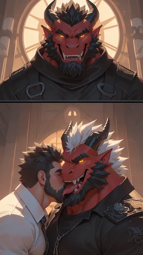 ((Um no, Pumped male demon with hairy dragon appearance and yellow eyes dawns with the (red skinned) e um corpo humanóide com feições feias que mostra sua força Intimidating Enforcera cheia de luxúria e malícia mostrando sua língua preta e dentes afiados b...