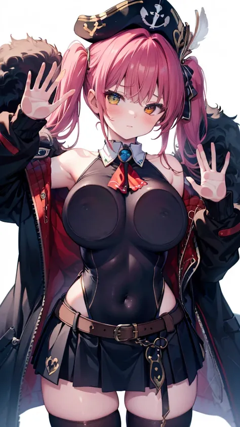 (Ultra-high resolution,masterpiece, Attention to detail, Highest quality), 8K,(aamarine, TWINTAILS, PIRATE HAT, heterochromia, RED ASCOT, BARE SHOULDERS, RED SHIRT, OFF SHOULDER, BLACK COAT, SEE-THROUGH, COVERED NAVEL, LEOTARD UNDER CLOTHES, belt, PLEATED ...