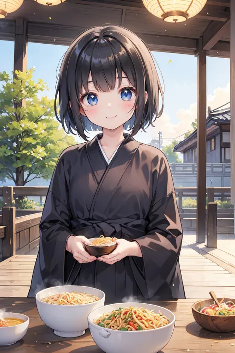 Photorealistic、Highest quality、Highest Resolution、Highest quality、８Ｋ、Beautiful woman、cute、Bob Cut Hair、Dark Hair、Light blue eyes、cute花柄のBlack yukata、Black yukata、Summer festival、Lots of food stallorning、noon、sunny、Fried noodlesを食べる、Fried noodles、looks fun、...