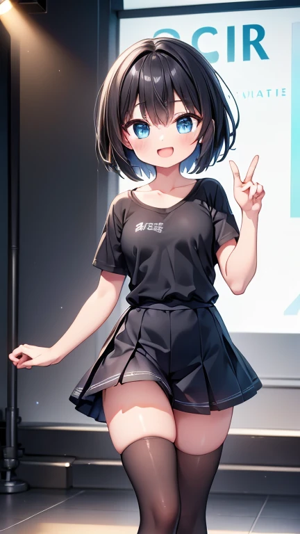 Highest quality,wonderful,finely,Highly detailed CG Unity 8k wallpaper, (1 Girl,Black Hair, blue eyes,short hair, Double Bang), (Small breasts:1.2), (Black T-shirt:1.1),  (clavicle:1.1), Shorts、Smiling Kindly、smile、 (Open your mouth:1.2), (zettai ryouiki:1...