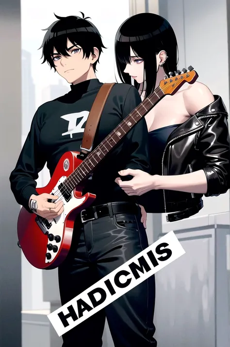 1 men, with scars on arms, alternative style, leather jacket, a rock band t-shirt, waist belt, black pants, piercings, all star, red guitar and shoulder-length black hair.